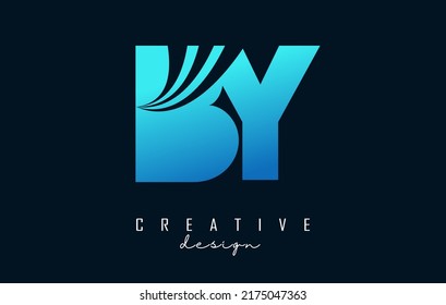 Carta azul creativa BY b y logo con líneas líderes y diseño de concepto de carreteras. Cartas con diseño geométrico. Ilustración vectorial con letras y líneas y cortes creativos.