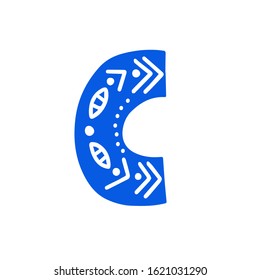 Creative blue letter C with folk motives - scandinavian. Vector illustration