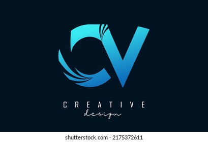 Creative blue letter CV c v logo with leading lines and road concept design. Letters with geometric design. Vector Illustration with letter and creative cuts and lines.