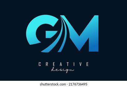 Letras azul creativa logotipo GM g M con líneas líderes y diseño de concepto de carreteras. Cartas con diseño geométrico. Ilustración vectorial con letras y cortes.