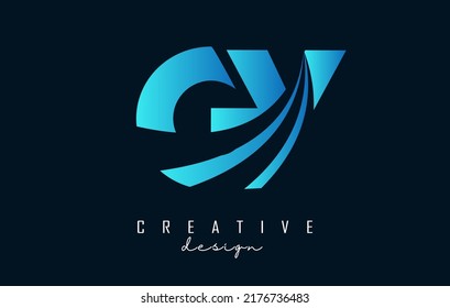 Creative blue letter GY g y logo with leading lines and road concept design. Letters with geometric design. Vector Illustration with letter and cuts.