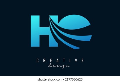 Creative blue letter HO h o logo with leading lines and road concept design. Letters with geometric design. Vector Illustration with letter and cuts.