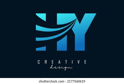 Creative blue letter HY h y logo with leading lines and road concept design. Letters with geometric design. Vector Illustration with letter and cuts.