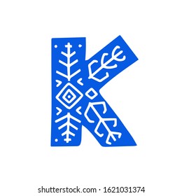 Creative blue letter K with folk motives - scandinavian. Vector illustration