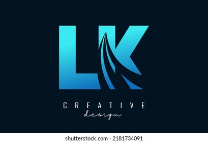 Logo de la carta azul creativa LK l k con líneas principales y diseño de concepto de carreteras. Cartas con diseño geométrico. Ilustración vectorial con letra y cortes creativos.