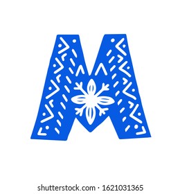 Creative blue letter M with folk motives - scandinavian. Vector illustration