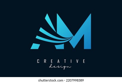 Creative blue letter AM A m logo with leading lines and road concept design. Letters with geometric design. Vector Illustration with letter and creative cuts and lines.