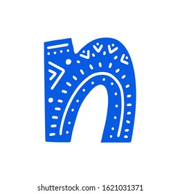 Creative blue letter N with folk motives - scandinavian. Vector illustration