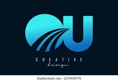 Creative blue letter Ou o u logo with leading lines and road concept design. Letters with geometric design. Vector Illustration with letter and creative cuts.