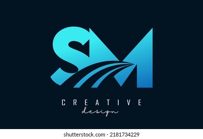 Letra azul creativa logotipo Sm s m con líneas principales y diseño de concepto de carreteras. Cartas con diseño geométrico. Ilustración vectorial con letra y cortes creativos.