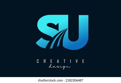 Creative blue letter SU s u logo with leading lines and road concept design. Letters with geometric design. Vector Illustration with letter and creative cuts.