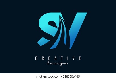 Letra azul creativa SV s v logo con líneas principales y diseño de concepto de carreteras. Cartas con diseño geométrico. Ilustración vectorial con letra y cortes creativos.