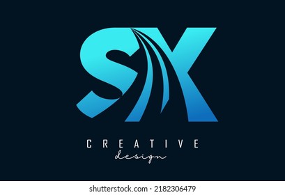 Letra azul creativa SX s x ogo con líneas principales y diseño de concepto de carreteras. Cartas con diseño geométrico. Ilustración vectorial con letra y cortes creativos.
