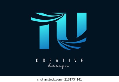 Creative blue letter TU t u logo with leading lines and road concept design. Letters with geometric design. Vector Illustration with letter and creative cuts.