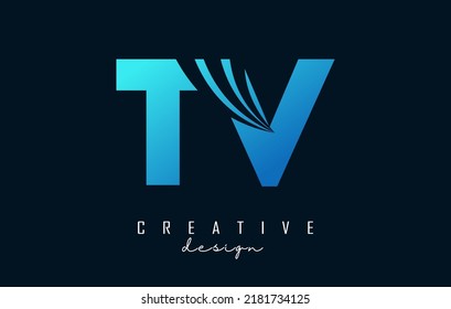 Creative blue letter TV t v logo with leading lines and road concept design. Letters with geometric design. Vector Illustration with letter and creative cuts.