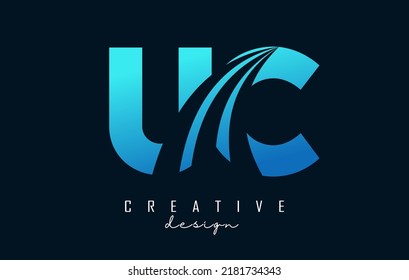 Creative blue letter UC u c logo with leading lines and road concept design. Letters with geometric design. Vector Illustration with letter and creative cuts.