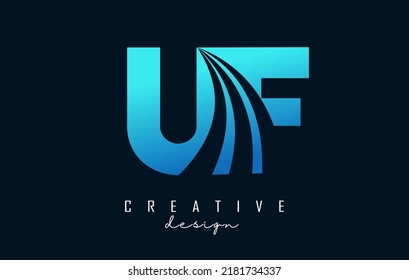 Letra azul creativa logotipo Uf u f con líneas principales y diseño de concepto de carreteras. Cartas con diseño geométrico. Ilustración vectorial con letra y cortes creativos.