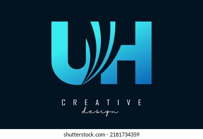 Creative blue letter Uh u h logo with leading lines and road concept design. Letters with geometric design. Vector Illustration with letter and creative cuts.