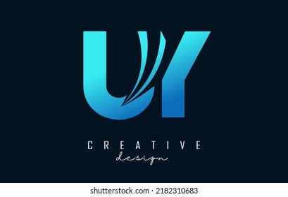 Creative blue letter Uy u y logo with leading lines and road concept design. Letters with geometric design. Vector Illustration with letter and creative cuts.