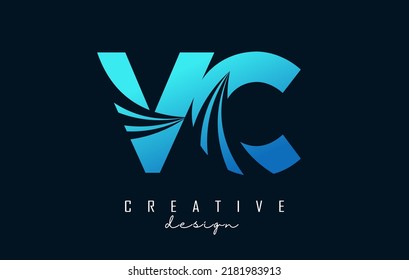 Letras azul creativas logotipo VC v c con líneas líderes y diseño de concepto de carreteras. Cartas con diseño geométrico. Ilustración vectorial con letra y cortes creativos.