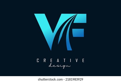 Letras azul creativa con logotipo VF v f con líneas líderes y diseño de concepto de carreteras. Cartas con diseño geométrico. Ilustración vectorial con letra y cortes creativos.