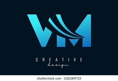 Letras azul creativas logotipo de VM v m con líneas líderes y diseño de concepto de carreteras. Cartas con diseño geométrico. Ilustración vectorial con letra y cortes creativos.