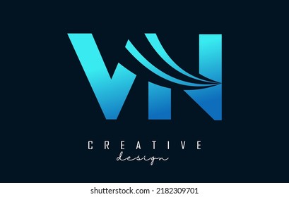 Logo de la creativa carta azul VN v n con líneas líderes y diseño de concepto de carreteras. Cartas con diseño geométrico. Ilustración vectorial con letra y cortes creativos.