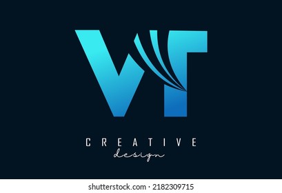 Creative blue letter VT v t logo with leading lines and road concept design. Letters with geometric design. Vector Illustration with letter and creative cuts.