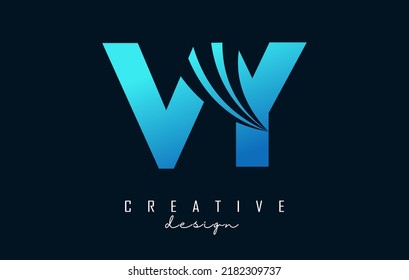 Logo de la creativa letra azul VY v y con líneas líderes y diseño de concepto de carreteras. Cartas con diseño geométrico. Ilustración vectorial con letra y cortes creativos.