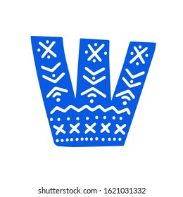 Creative blue letter W with folk motives - scandinavian. Vector illustration