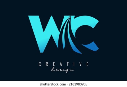 Creative blue letter WC w c logo with leading lines and road concept design. Letters with geometric design. Vector Illustration with letter and creative cuts.