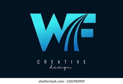 Letra azul creativa logotipo WF w f con líneas principales y diseño de concepto de carreteras. Cartas con diseño geométrico. Ilustración vectorial con letra y cortes creativos.