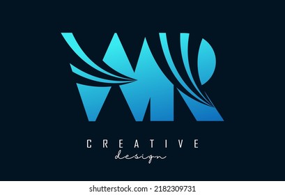 Logo de la carta azul creativa WR w r con líneas líderes y diseño de concepto de carreteras. Cartas con diseño geométrico. Ilustración vectorial con letra y cortes creativos.