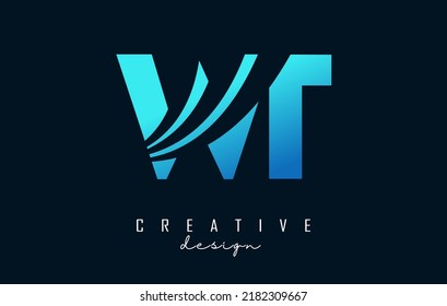 Creative blue letter WT w t logo with leading lines and road concept design. Letters with geometric design. Vector Illustration with letter and creative cuts.