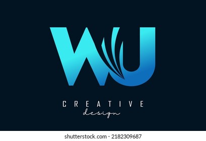 Creative blue letter Wu w u logo with leading lines and road concept design. Letters with geometric design. Vector Illustration with letter and creative cuts.