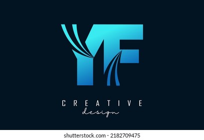 Letras azul creativa YF y f logo con líneas líderes y diseño de concepto de carreteras. Cartas con diseño geométrico. Ilustración vectorial con letra y cortes creativos.