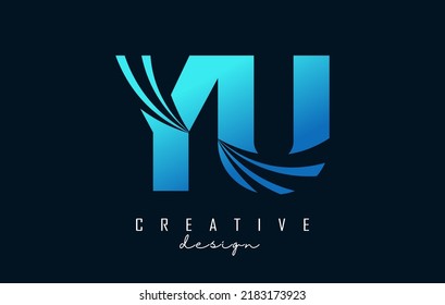 Letra azul creativa logo YU y u con líneas líderes y diseño de concepto de carreteras. Cartas con diseño geométrico. Ilustración vectorial con letra y cortes creativos.