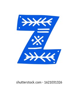 Creative blue letter Z with folk motives - scandinavian. Vector illustration