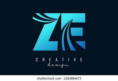 Creative blue letter ZE z E logo with leading lines and road concept design. Letters with geometric design. Vector Illustration with letter and creative cuts.