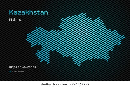 Creative Blue Map of Kazakhstan, Qazaqstan, in gold sloping lines Pattern with Capital of Astana