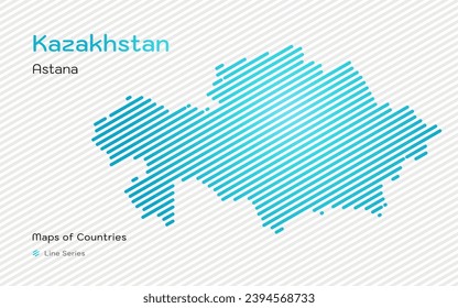 Creative Blue Map of Kazakhstan, Qazaqstan, in gold sloping lines Pattern with Capital of Astana