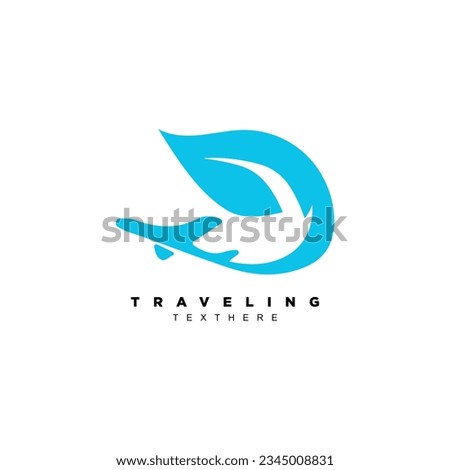 Creative blue nature leaf plane travel logo design. Nature traveling destination trip logo vector
