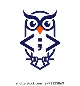 Creative blue and orange owl illustration incorporating a semicolon and code brackets, perfect for programming, software development, or educational tech brands.