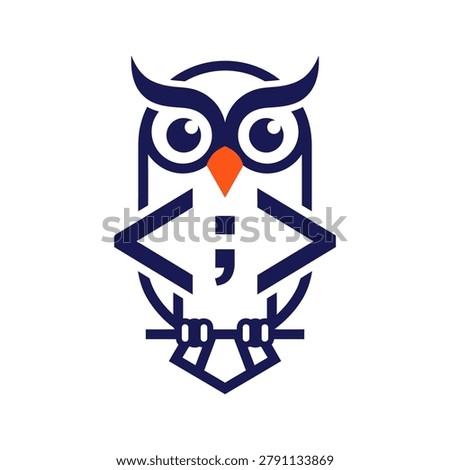 Creative blue and orange owl illustration incorporating a semicolon and code brackets, perfect for programming, software development, or educational tech brands.