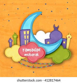 Creativo periódico azul Crescent Moon with Mosque escribe sobre coloridas nubes para el Mes Santo de la Comunidad Musulmana, celebración Ramadan Mubarak.