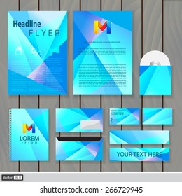 Creative blue polygonal corporate identity. Trendy business concept with logo design template, letter M. Vector illustration. 