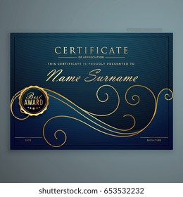 creative blue premium certificate design with golden floral