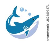 Creative Blue Shark Swimming Logo Design, Oceanic Sea Life Mascot Vector Illustration