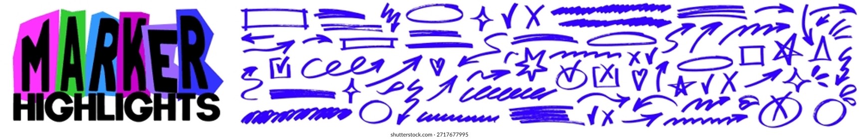 Forma de textura azul creativa dibujada por marcador con trazos de lápiz, resplandor brillante define los bordes. Los detalles de subrayado sueltos equilibran el resaltado y el marcador en el subrayado de la forma.