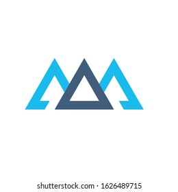 Creative blue trinity futuristic triangle symbol design for company logo. Triple Mountain Corporate tech geometric identity concept. Stock Vector illustration isolated on white background.
